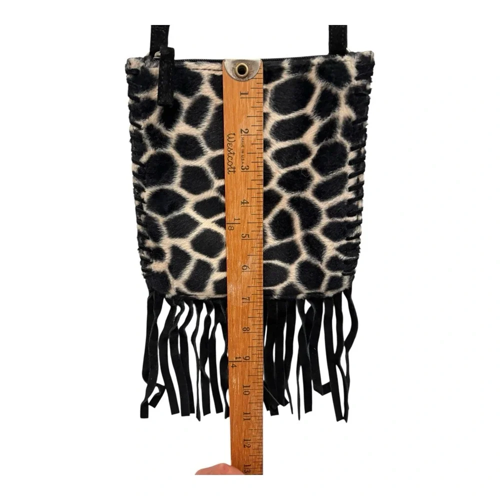 Fossil Crossbody Purse Black Suede Animal Print Fringe‎ Inside Zipper Pocket